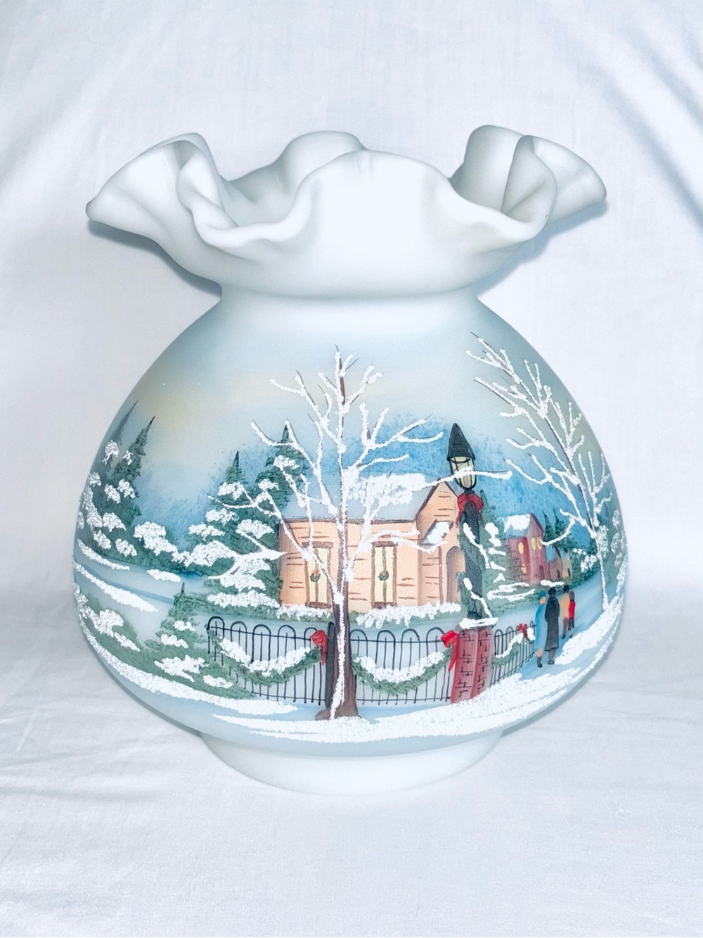 Vintage Fenton Dane Fredrick Painted Milk  Glass Lamp Shade Winter Scene 1991